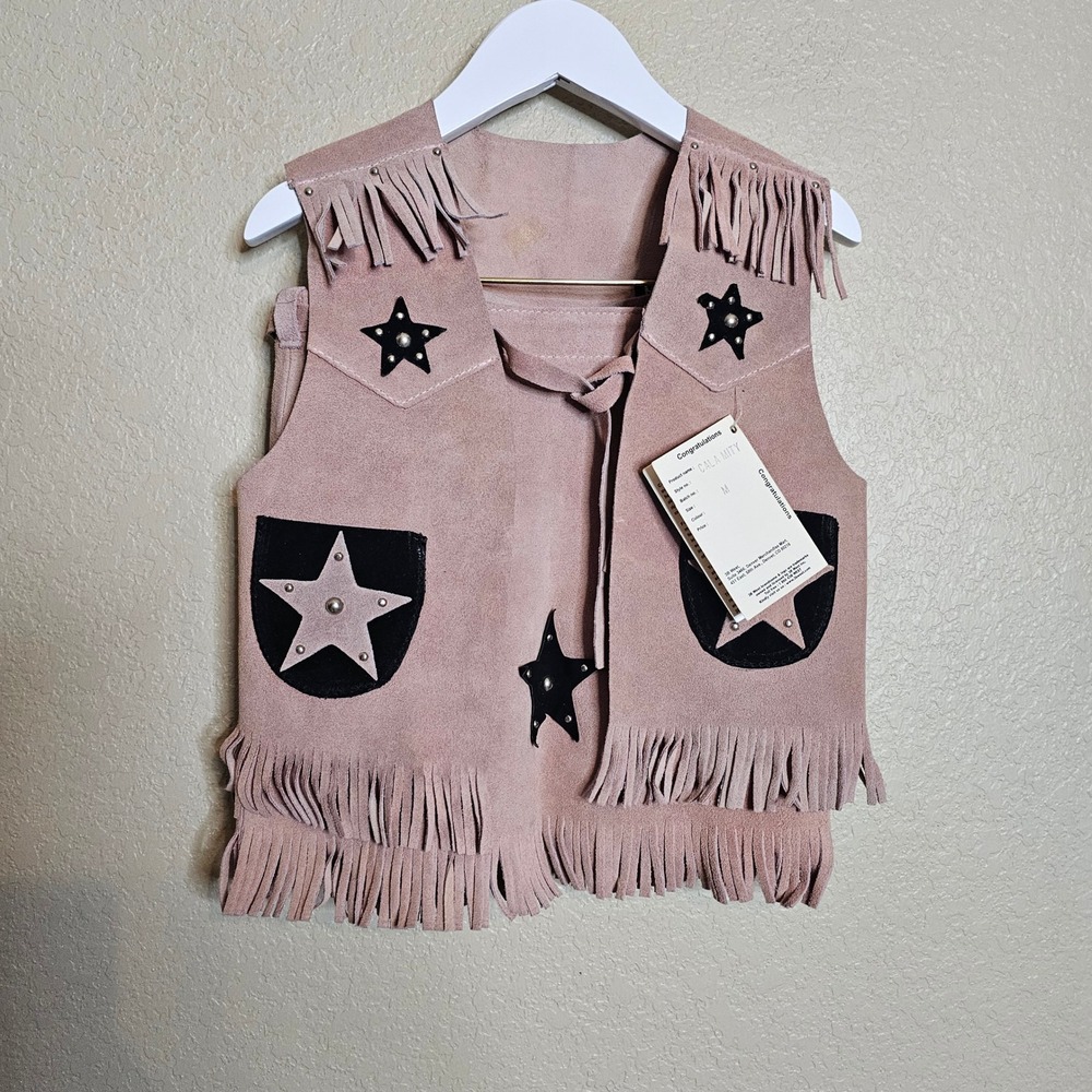 NWT Kids costume Leather Fringe Vest, Skirt Set Pink Star Stud Western cowgirl